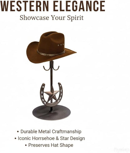 2 Pack Cowboy Hat Rack,Tabletop Standing Cowboy Hat Holder ，Western Horseshoe Decor，Hat Display Stand Can Keeps Original Shape of Hat, for Wide-brimmed Hat，Iron, Bronze
