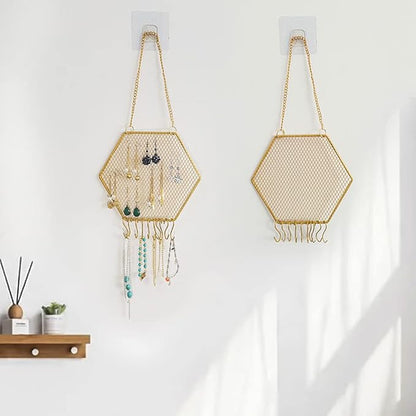 1PC Hexagon Metal Grid Display Rack Wall Mounted Storage Holder Organizer Earrings Necklaces Bracelets Jewelry Display Rack with Hanging Hook for Store, Showcase, Trade Show and Home Use, Gold