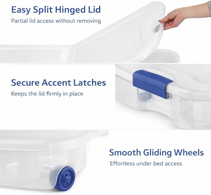 66 Quart Underbed Storage Bin with Wheels & Clear Lid, Under Bed Storage Container for Blankets, 39.5" x 20.25" x 7", Split-Lid Design & Smooth Gliding Wheels