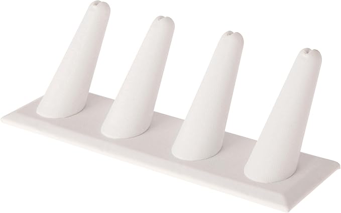 Plymor White Faux Leather Ring Finger Display, Four on Rectangular Base, 6" W x 2.125" D x 2.5" H