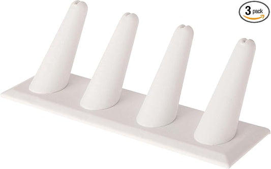 Plymor White Faux Leather Ring Finger Display, Four on Rectangular Base, 6" W x 2.125" D x 2.5" H (Pack of 3)