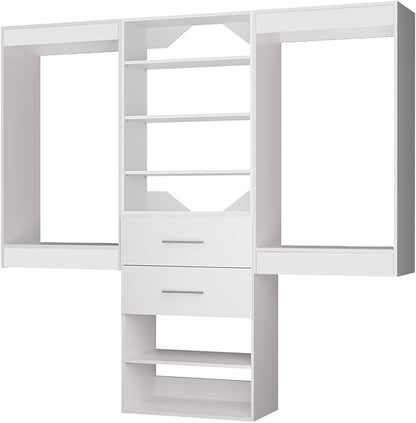 ROOMTEC Modular Closet System, 72" Wall Mounted Closet Organizer with Hanging Rods and Drawers, Wooden Tower for Walk-In Closets, Wardrobe Storage Kit, White