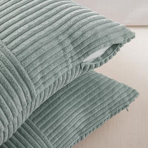 Fancy Homi 2 Packs Grey Blue Samll Decorative Throw Pillow Covers 12x12 Inch with for Couch Bed Sofa, Rustic Farmhouse Boho Home Decor, Soft Corss Patchwork Corduroy Square Cushion Case 30x30 cm - Image 4