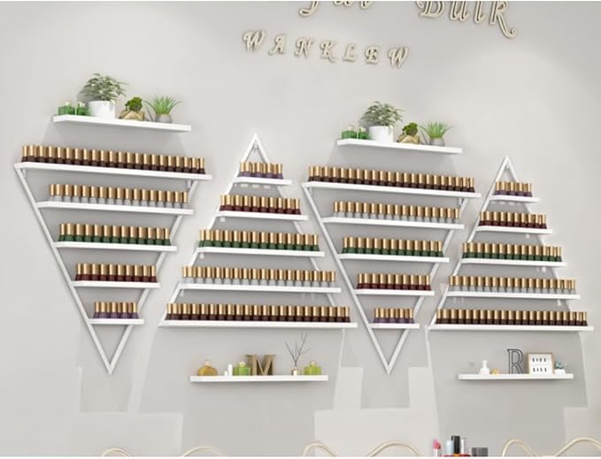 Elegant Wall Mounted Nail Polish Storage Rack Set of 10 Triangular Cosmetic Display Shelves for Essential Oil Bottles, Organize Your Lipsticks and Perfumes in Style at Home or Salon (White)