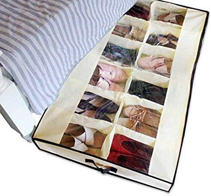 Men/Women Adults 12 Cells See Through Underbed Shoe Storage Bag Organizer, Beige
