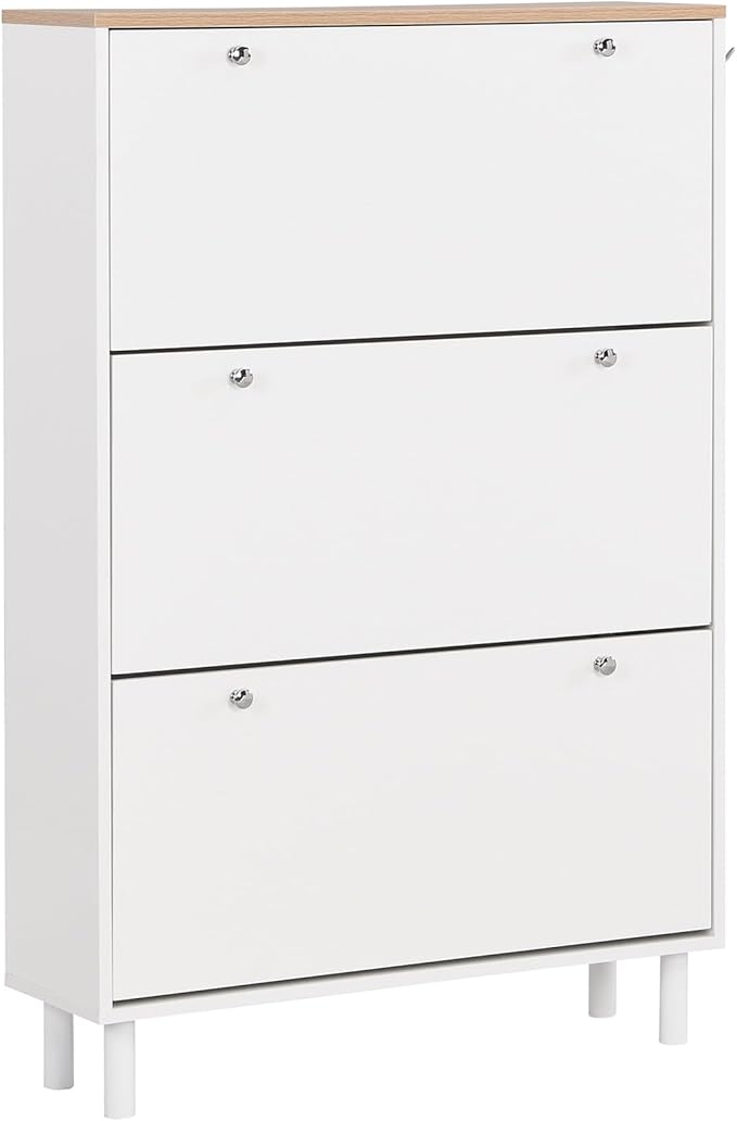 Contemporary Shoe Cabinet with 3 Flip Doors Free-Standing Wooden Shoe Rack Shoe Storage Organizer for Entryway Hallway Small Space (White&Natural)