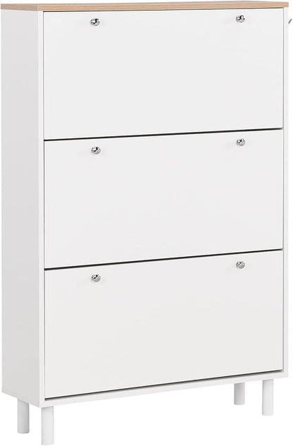 Contemporary Shoe Cabinet with 3 Flip Doors Free-Standing Wooden Shoe Rack Shoe Storage Organizer for Entryway Hallway Small Space (White&Natural)