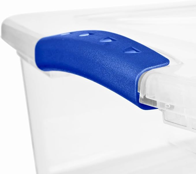 32 Quart Underbed Plastic Storage Bin with Latching Lid – Clear Stackable Container with Blue Handles for Bedroom, Closet, Dorm, or Seasonal Organization