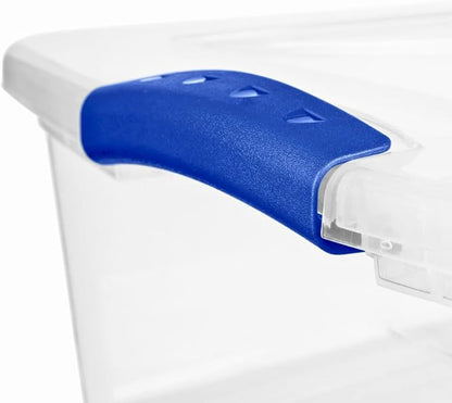 32 Quart Underbed Plastic Storage Bin with Latching Lid – Clear Stackable Container with Blue Handles for Bedroom, Closet, Dorm, or Seasonal Organization