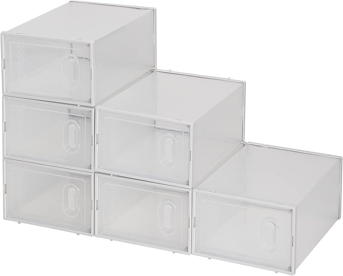 6 Pack Large Shoe Storage Box,Space Saving Sneaker Shoe Rack Containers Bins,Clear Plastic Stackable Shoe Storage Boxes,Shoe Display Case,with Magnetic Door,for Bedroom, Entryway, Closet (White)