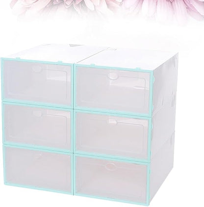 6pcs Men’s Stackable Thickened Plastic Shoe Boxes with Blue Frame, Shoe Storage Containers for Closet Organization and Travel