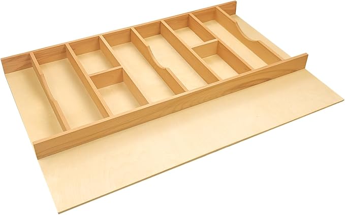 Silverware Drawer Organizer - Trim-to-Fit with Adjustable Dividers for Kitchen Utensil Storage, Beech Wood Frame with 11 Sizes (33" W x 22" D)