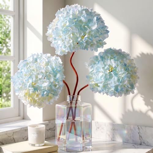 3 Pcs 31-Inch Hydrangea Artificial Flowers, Blue Green Silk Hydrangea Flowers, Extra Long Faux Hydrangea Stems with Large 8-Inch Heads for Tall Vase, Coastal Farmhouse and Patio Decor - Image 5