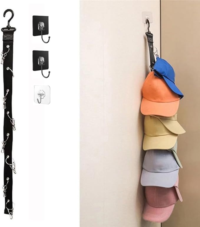 Hat Rack for Baseball Caps Hat Organizer Holder for Over The Door &Wall, 8 Clips Holds Up to 8 Caps, Hat Storage for Closet, Baseball Cap Rack for Wall Hanger, Comes with 2 Metal Wall Hooks