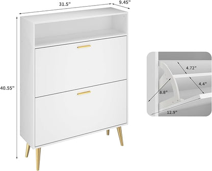 JOZZBY White Shoe Cabinet for Entryway, Narrow Shoe Storage Cabinet with 2 Flip Drawers, Hidden Shoe Rack for Hallway, Living Room