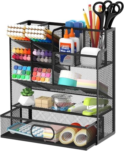 Mesh Pen Organizer for Desk, 13 Compartments with Drawer, Black by Unknown