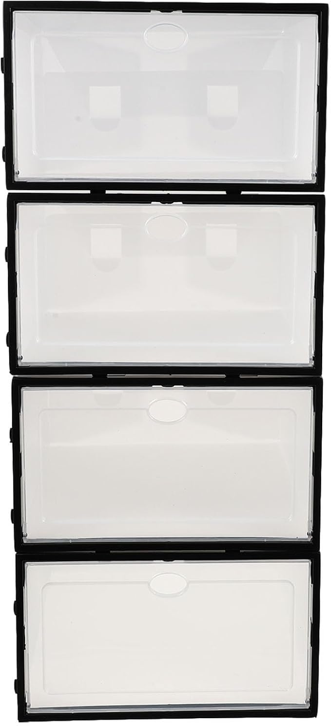 INOOMP 4pcs Plastic Shoe Storage Boxes with Black Frame, Waterproof Dustproof Sundry Organizers for Men’s Shoes, Stackable Home Closet Storage Containers