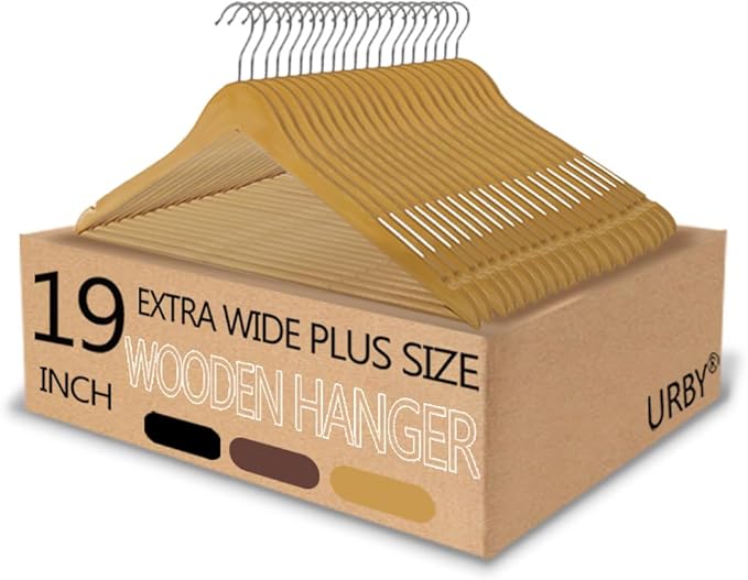 Extra Wide Hangers for Plus Size Clothes, Ganchos para Colgar Ropa,19 Inch Plus Size Hangers Ideal for XL, XXL Shirts, Coats, Dresses, Etc. Wood. Natural 20pk