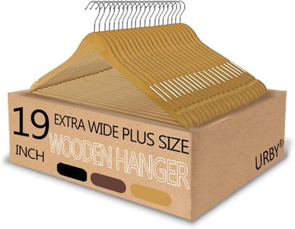 Extra Wide Hangers for Plus Size Clothes, Ganchos para Colgar Ropa,19 Inch Plus Size Hangers Ideal for XL, XXL Shirts, Coats, Dresses, Etc. Wood. Natural 20pk