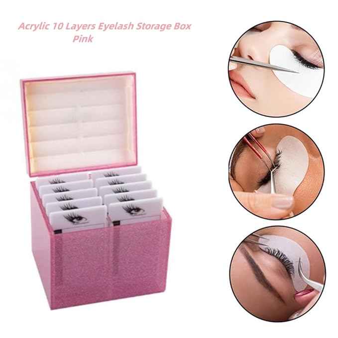 10 Layers Acrylic Eyelash Storage Box,Eyelash Holder Extension Tool,Makeup Organizer False Eyelashes Glue Pallet Holder, Grafting Eye lashes Close-Packed Display with 10 Pallets (Pink)