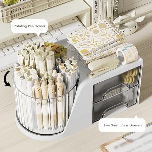 Desk Organizer with Rotating Pencil Pen Holder and 2 Small Drawers, Desk Caddy for Office Workspace Organization and Storage (White) - Image 4