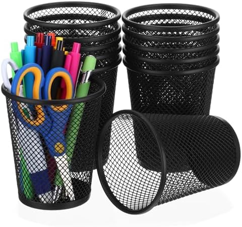 12 Pack Metal Mesh Pen Holder, Black Round Pencil Cup Organizer for Desk, Office, Classroom, 2.6"x3.5"x4.2" Size by Unknown