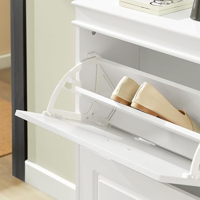 SoBuy White Shoe Cabinet with 3 Flip Drawers, Narrow Freestanding Shoe Rack Entryway, Hidden Slim Shoe Rack with Drawer FSR94-W (9.45" D x 20.87" W x 46" H)