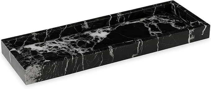 Bey-Berk Atticus Black Zebra Marble Bath Tray, 14.25" Rectangular Vanity Organizer, Bold Stone Accent