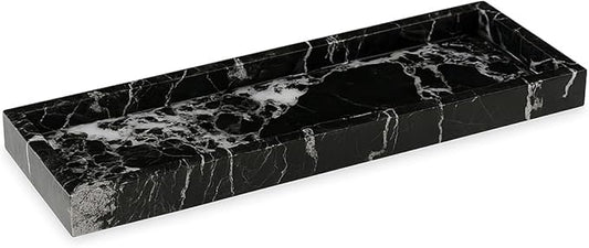Bey-Berk Atticus Black Zebra Marble Bath Tray, 14.25" Rectangular Vanity Organizer, Bold Stone Accent