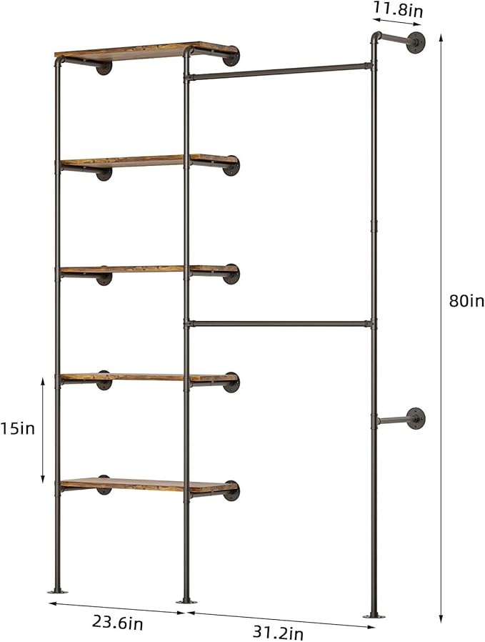 Industrial Pipe Clothing Rack, Wall Mounted DIY Garment Rack with 2 Adjustable Rod & 5 Shelves, Heavy Duty Closet Organizers System in Wardrobe Closet, Black