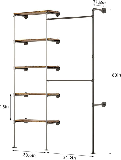 Industrial Pipe Clothing Rack, Wall Mounted DIY Garment Rack with 2 Adjustable Rod & 5 Shelves, Heavy Duty Closet Organizers System in Wardrobe Closet, Black