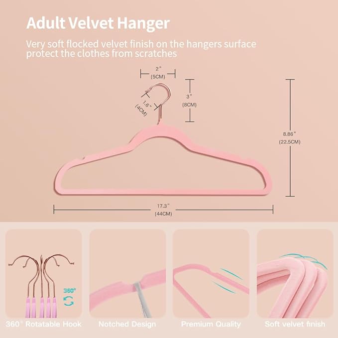 Stormix 36 Pack Velvet Hangers, 17.3 x 8.9 Inches Clothes Hangers, Non Slip Dresses Hangers with Shoulder Notches for Adult Pink - Rose Gold Hook