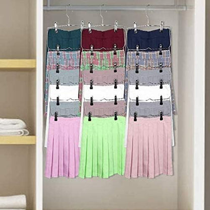 Space Saving 5 Tier Metal Skirt Hanger with Clips (3pk) Hang 6-on-1, Gain 70% More Space,360 Swivel Hook,Adjustable Clips Pants Hanger,Hang Slack,Trouser,Towels