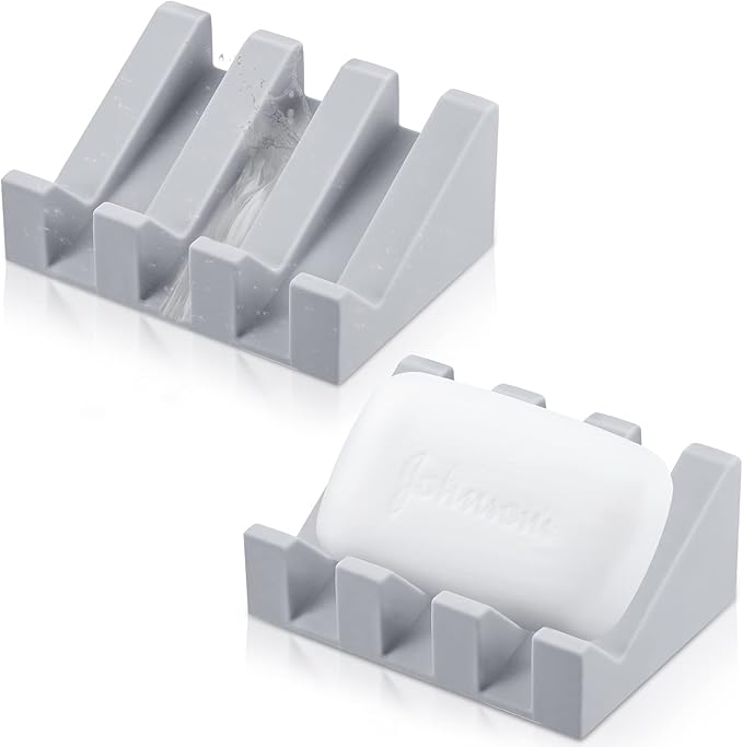 Cunhill 2 Pieces Silicone Soap Dish Self Draining Soap Dish Shower Waterfall Bar Soap Holder Tray with Drain Soap Saver for Kitchen Bathroom Accessories (Light Grey)