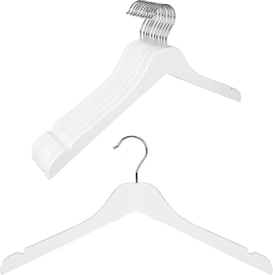 Premium Wooden Top Hangers, Heavy Duty Solid Wood Suit Hangers with 360° Swivel Hook & Anti-Slip Notches, Durable Clothes Hangers for Jackets, Coats, Shirts & Dresses(White/12-Pack)