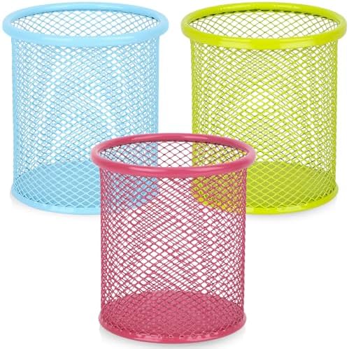 Segarty Pen Cup, 3 Pack Assorted Colors Round Pen Holder for Desk, Wire Mesh Pencil Cups Holder Desktop Accessories Organizer for Office Supplies, School, Home, Makeup Brush (Light Blue Pink Green) by Segarty
