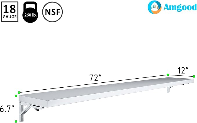 AmGood Stainless Steel Folding Wall Shelf 12 in. x 72 in. NSF | Concession Stand, Food Truck, Kitchen, Restaurant, Garage, Laundry, Utility Room