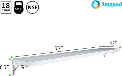 AmGood Stainless Steel Folding Wall Shelf 12 in. x 72 in. NSF | Concession Stand, Food Truck, Kitchen, Restaurant, Garage, Laundry, Utility Room