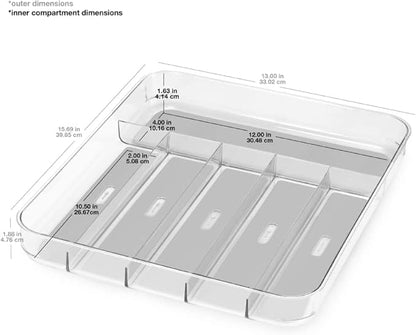 madesmart Premium Clear Silverware Tray, 6 Compartment Flatware Organizer for Forks, Knives & Spoons, Soft Grip Lining & Non Slip Base, Grey
