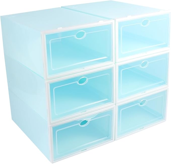 6pcs Thick Plastic Shoe Boxes with White Frame and Blue Lid, Stackable Shoes Storage Containers for Women’s Closet Organization