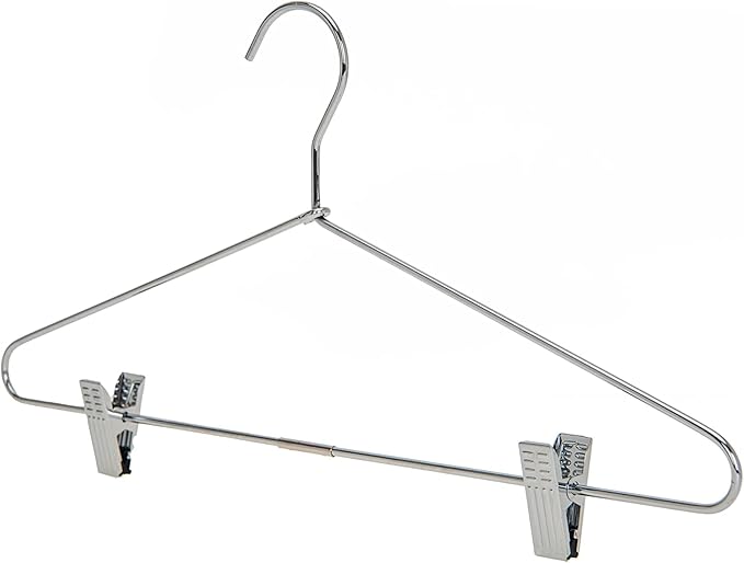Quality Pant/Skirt Blouse Hanger 100-Pack, Heavy-Duty Skirt Hangers with Clips, Adjustable Clip Pants Hanger, Chrome (Chrome, 100)