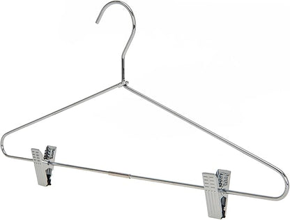 Quality Pant/Skirt Blouse Hanger 100-Pack, Heavy-Duty Skirt Hangers with Clips, Adjustable Clip Pants Hanger, Chrome (Chrome, 100)