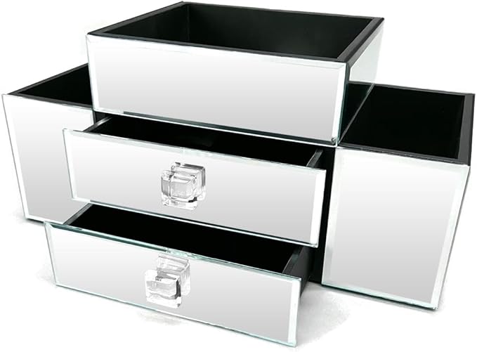 OnDisplay Emma 2 Drawer Tiered Mirrored Glass Makeup/Jewelry Organizer - Mirror Beauty Station - Perfect for Vanity, Bathroom Counter, or Dresser (Silver)