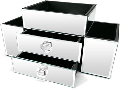OnDisplay Emma 2 Drawer Tiered Mirrored Glass Makeup/Jewelry Organizer - Mirror Beauty Station - Perfect for Vanity, Bathroom Counter, or Dresser (Silver)