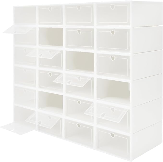 24Pcs Stackable Shoe Storage Boxes with Clear Doors - Foldable Shoe Organizer for Closet Cabinet, Black/White/Green Options for Sneakers Boots Home Organization (White)
