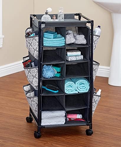 The Lakeside Collection Rolling Shoe Storage Unit with Fabric Cubbies - Blue Circles or Navy Floral - Gray Damask