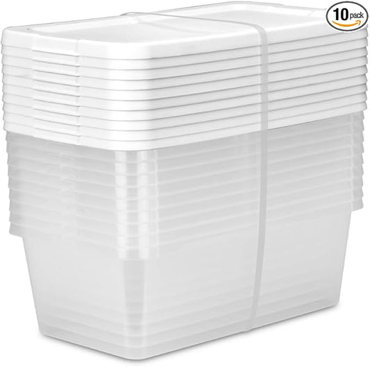 10‑Pack 6‑Quart Clear Plastic Storage Boxes with Snap‑On Lid – Durable Stackable Storage Bins for Home, Garage, Closet Organization, White Lid & Clear Body