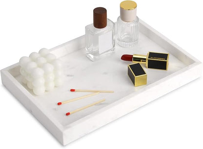 Marble Bathroom Vanity Tray, Natural Luxury Vanity Home Kitchen Bathroom Table Tray, Stone Decorative Countertop Dresser Trays for Key Coffee Perfume Jewelry Makeup (Jazz White, 12"x 8" x1.2")