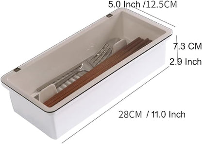 White Flatware Tray Kitchen Drawer Organizer With Lid And Drainer - Plastic Kitchen Cutlery Tray and Utensil Storage Container with Cover - 11.0 Inch Silverware Holder Drawer Organizer