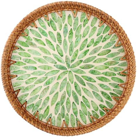 Handwoven Round Rattan Tray,Mother of Pearl Inlay Decorative Serving Tray by Unknown